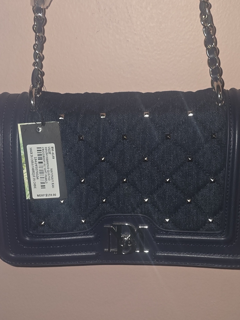 New Badgley Mischka Denim Quilted Shoulder Bag Studded Chain Strap Pearls